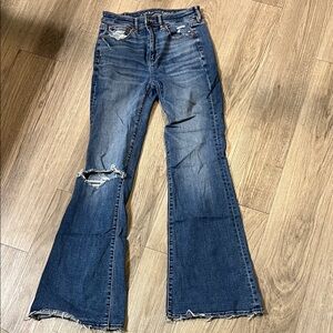 American Eagle Outfitters Dark Blue Distressed Flare Jeans